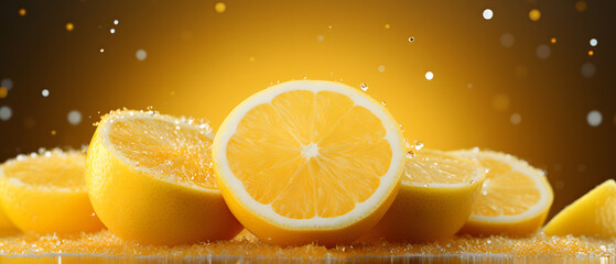 Wall Mural - immersive vibrant lemon background with bubbles, glittered, particles elements, with copy space, minimalist clean composition concept, 3d illustration