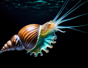 Gastropod mollusk with tentacles on mantle swimming in deep dark ocean water