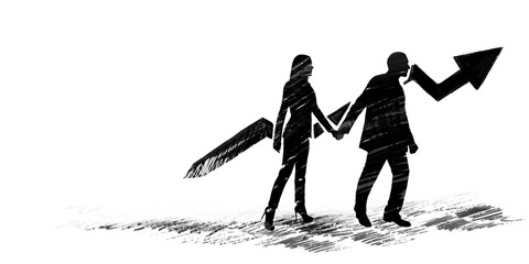 Poster - Silhouettes of Business People Holding Hands with Graph Arrows on White Background.