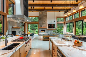 Wall Mural - A modern kitchen with light wood cabinetry, marble countertops and large windows overlooking the forested backyard. 