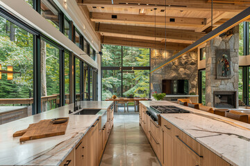 Wall Mural - A modern kitchen with light wood cabinetry, marble countertops and large windows overlooking the forested backyard. 