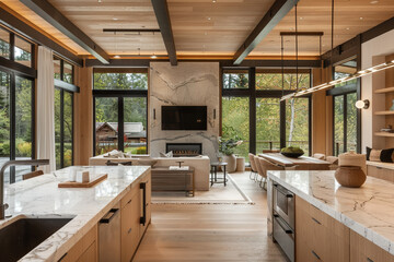 Wall Mural - A modern kitchen with light wood cabinetry, marble countertops and large windows overlooking the forested backyard. 