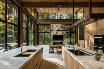 Wall Mural - A modern kitchen with light wood cabinetry, marble countertops and large windows overlooking the forested backyard. 