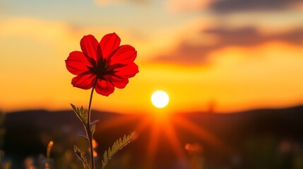 Wall Mural - Red flower in vibrant sunset, nature and