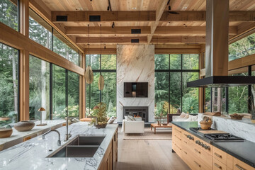 Wall Mural - A modern kitchen with light wood cabinetry, marble countertops and large windows overlooking the forested backyard. 