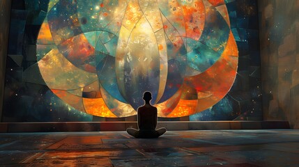 Poster - Silhouette of a Person Meditating in Front of a Colorful Abstract Mural.