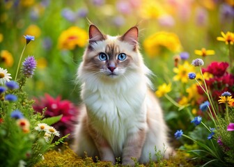 Wall Mural - Adorable Birman cat sits serenely amidst lush green foliage and vibrant wildflowers, its white paws and pointed ears a striking contrast to nature's colorful backdrop.