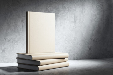 Poster - Beige hardcover book mockup standing on stacked books on concrete floor. 3D Rendering