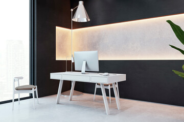 Wall Mural - Modern minimalist office desk with computer in a sleek workspace. 3D Rendering