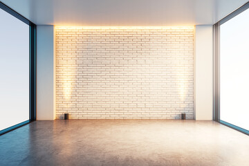 Modern empty room with brick wall and floor-to-ceiling windows. 3D Rendering