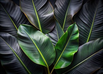 Wall Mural - Dark, velvety black banana leaves with subtle sheen and delicate veins spread out against a rich, inky black background, exuding mysterious, exotic elegance.