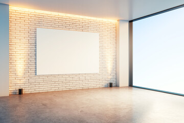 Poster - Empty modern room with brick wall and large window. 3D Rendering