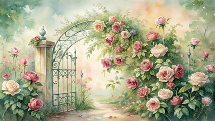 Delicate watercolor illustration of a whimsical garden gate entwined with lush roses in soft, pastel hues, evoking a sense of serene elegance and romantic charm.