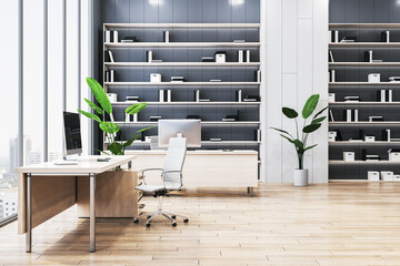 Wall Mural - Modern office interior with desk, chair, computer, and bookshelves. 3D Rendering