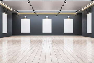 Poster - Modern gallery interior with blank frames on grey walls. 3D Rendering