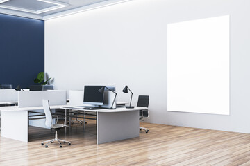 Canvas Print - Modern office interior with blank vertical poster on wall. 3D Rendering