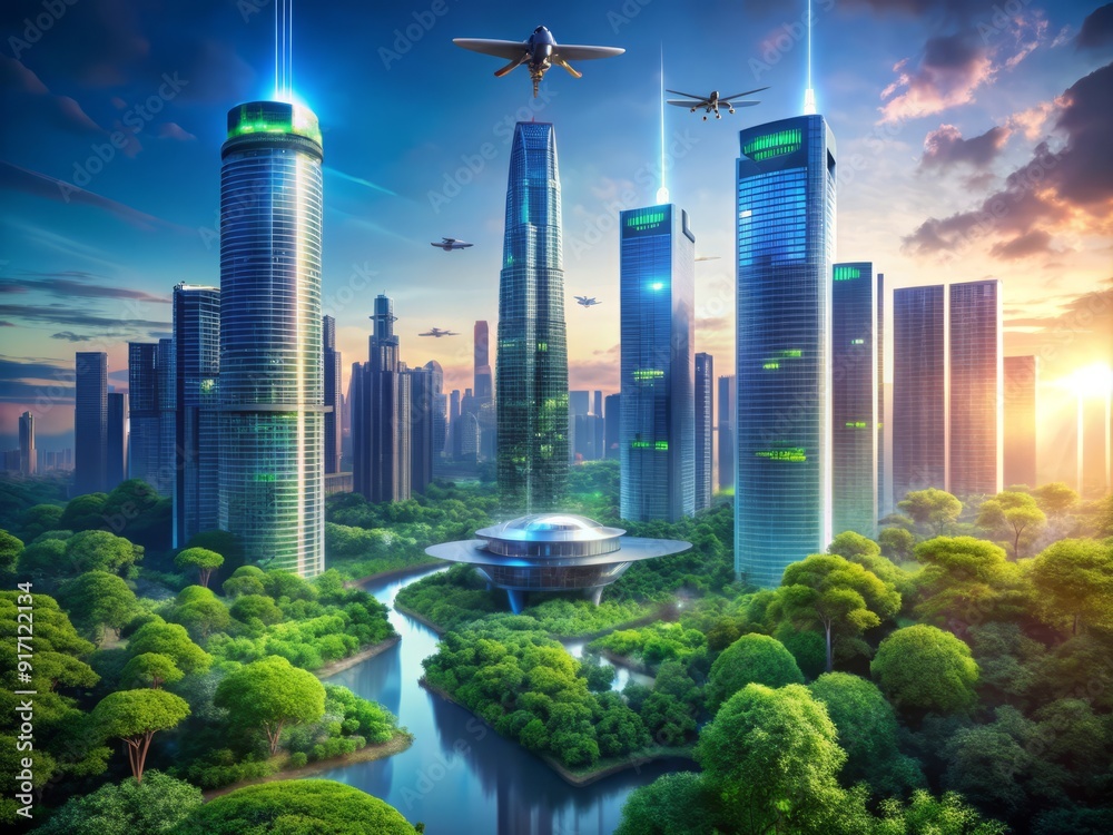 Sleek futuristic cityscape with holographic networks, levitating drones ...