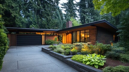 Poster - Modern brick house with a driveway, landscaping, and a garage door.