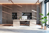 Fototapeta Perspektywa 3d - Modern executive office with wooden furniture and large window. 3D Rendering