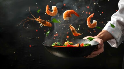 Sticker - Chef tossing fresh shrimp and vegetables in a pan. Culinary artistry in motion shown. Vibrant ingredients flying mid-air. Professional food photography.