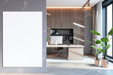 Wall Mural - Modern office interior with white blank poster mockup on wall. 3D Rendering