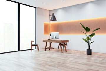 Wall Mural - Modern empty office workspace with large windows and wooden desk. 3D Rendering