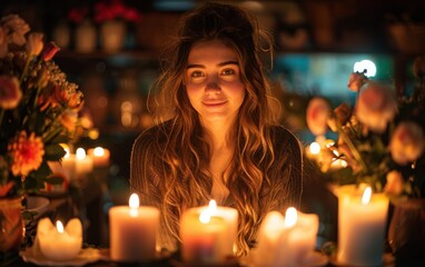 Poster - A woman is sitting in front of a table with candles lit. The candles are arranged in a way that they are lit up and create a warm and inviting atmosphere. The woman is smiling