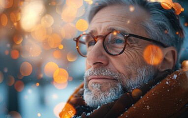 Poster - A man with glasses and a beard is standing in the snow. He is wearing a brown scarf and he is looking at something