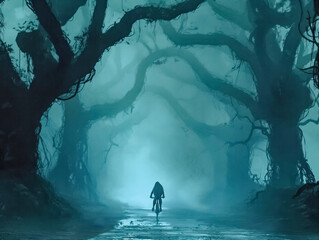 Poster - A person is riding a bike through a forest with trees that are dark and twisted. Scene is eerie and mysterious