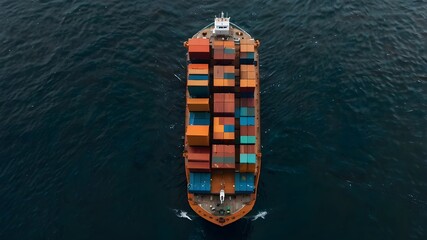 View From Above Of A Container Cargo Ship In The Sea.