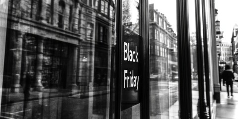 Urban Black Friday Shopping Scene in Black and White - Retail Window Display and Reflections