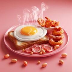 Canvas Print - a cartoon 3d render of a full english breakfast on a pink plate in a pink background 