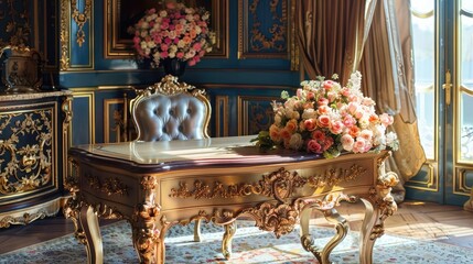 Elegant Floral Office: An ornate desk with a floral arrangement so vibrant it almost seems alive, adding a touch of opulence to any work environment.