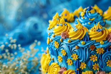 A close-up of a beautifully decorated Ukrainian Independence Day cake with traditional blue and yellow frosting, surrounded by festive decorations.Ukraine Independence Day.Flag of Ukraine.August 24th