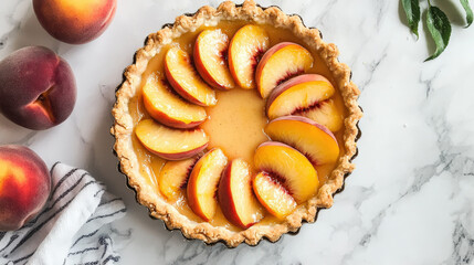 Delicious peach tart on marble countertop with fresh peaches