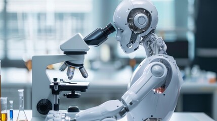 Poster - A robot is sitting at a microscope, looking at a slide