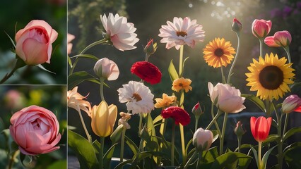 a bunch of flowers that are in a vase together in a field of flowers, with the sun shining through the flowers.