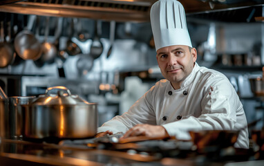 Wall Mural - Professional Chef. Portrait male chef with cook hat, white uniform. Portrait of an old Italian or French chef, standing in the kitchen, restaurant, cooking class, cooking school. Realistic style photo