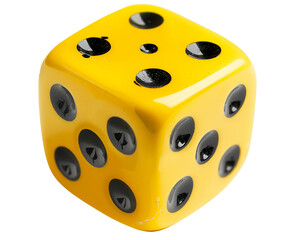 Yellow dice with black dots, isolated on the background, white color, white background, png style, no shadow , high resolution photography isolated on a transparent background