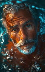 Wall Mural - A man with a beard and gray hair is in the water. The water is blue and the man's reflection is visible