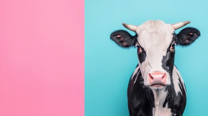 Wall Mural - Close-up portrait of a black and white cow against a pastel pink and blue background.