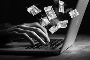 Hands Typing on Laptop with Floating Virtual Real Estate Cards in Noir Realism Style