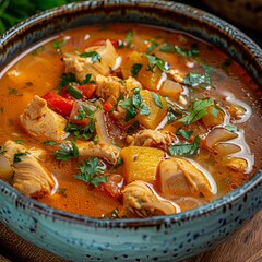 Canvas Print - Close-up view of yummy soup with chicken and other ingredients --