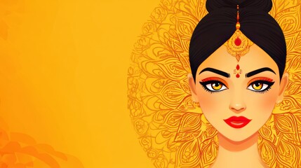 Poster - Closeup of a woman with dark hair, red lips, and yellow eyes against an orange background with yellow ornate patterns.