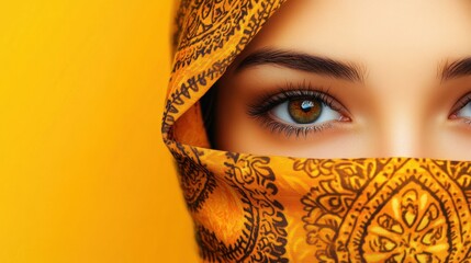 Canvas Print - Close up of a woman's eye, partially hidden by a patterned scarf.