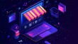 © PixelPlace - Vibrant, futuristic illustration depicting an online shopping experience on a laptop with neon colors, showcasing the integration of technology and e-commerce.