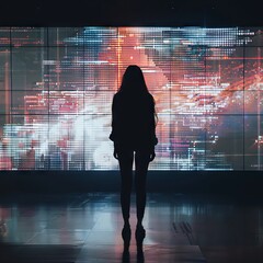 Wall Mural - Silhouette of a girl standing in front of a digital screen 