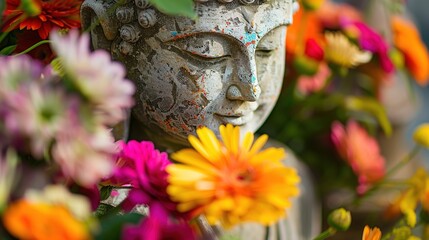 Poster - Peaceful Buddha Statue Surrounded by Vibrant Flowers