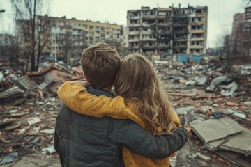 Two children embrace amid a devastated urban landscape, highlighting loss and resilience.