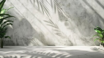 Wall Mural - Empty white studio room with concrete wall texture and foliage shadow on the cement floor for spa and cosmetic product display